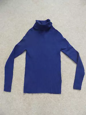 M&S Stretchy Polo Roll Neck Ribbed Jumper / Pullover Dark Blue UK 8 EUR 36 • £4.85