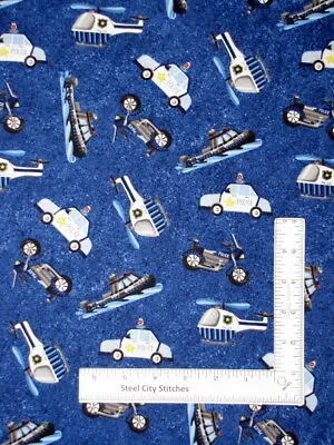 Police Car Motorcycle Helicopter Fabric Heroes Blue Cotton Blank Textiles Yard • $10.98