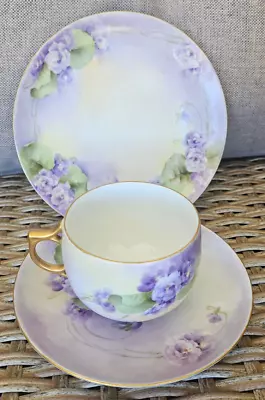 Limoges Antique Teacup & Saucer Trio Set Gold Handle Violets 1906 Demitasse • £33.26