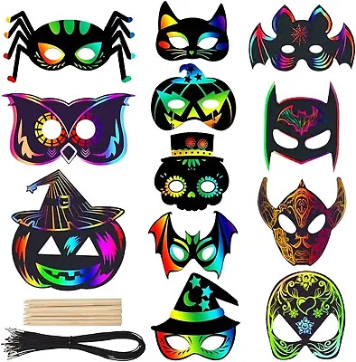 24 Pcs Halloween Scratch Mask Halloween Scratch Art Masks Halloween DIY Crafts • £5.50