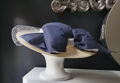 VTG SONNI SAN FRANCISCO WIDE BRIMMED HAT W/ NAVY WHITE POLK DOT BOW & NETTING • $110