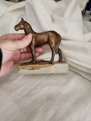 Vintage Cast Metal Horse Figurine Statue On Polished Agate Stone Base Equestrian • $10.59