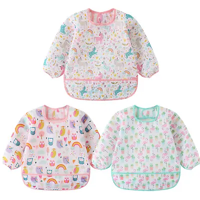 3 Pack Long Sleeve Bib Outfit Baby Waterproof Bibs For Toddlers Baby Smock • £10.79