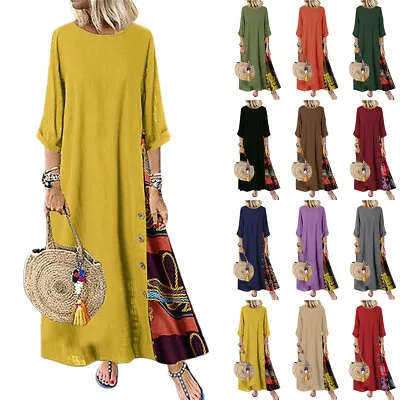 $29.57 • Buy Women Round Neck 3/4 Sleeve Long Dress Boho Retro Kaftan Dress Summer Oversized