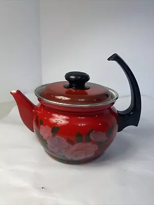 Rare!! Small Vintage Tea Kettle Red Floral Enamel Unknown Brand • $28.90