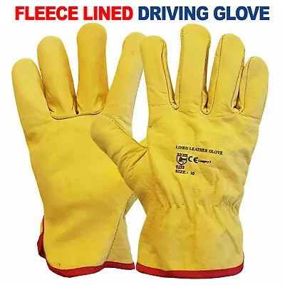 Premium Yellow Leather Driver Work Gloves Fleece Lined Lorry Truck Driving Glove • £5.49