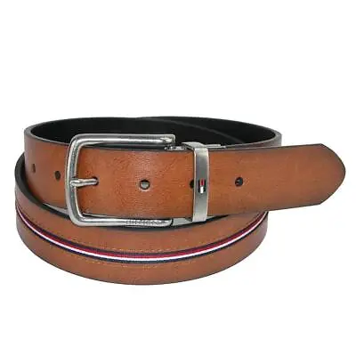 Tommy Hilfiger Men's 35MM Wide Cut Edge Reversible Ribbon Inlay Belt Tan-Black • $24.99