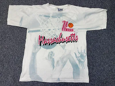 Vintage 90s UMass Minutemen All Over Print AOP T Shirt Adult Size L NCAA • $99.99