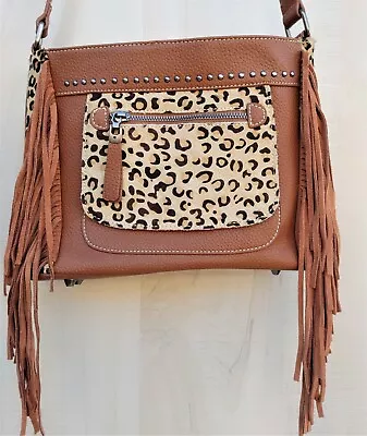 Trinity Ranch Montana West Tan Leather Cowhide Leopard Print Crossbody Purse  • $56