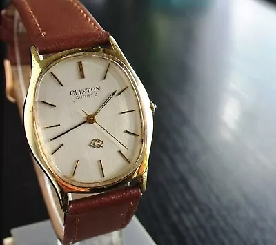 Vintage Clinton Elegant Thin Oval Bezel Quartz Men's Golden Leather Dress Watch • $64.99