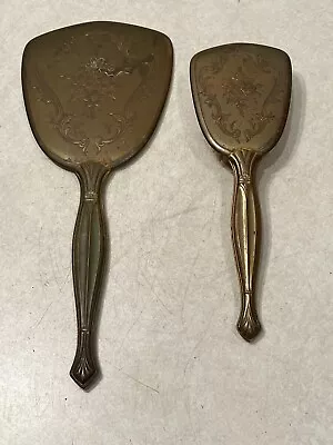 Vintage Vanity Set 2 Piece Gold Tone Hand Mirror And Brush Art Deco FloralHeavy • $20