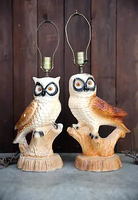 Vintage Owl Lamps Orange Eyes Mid Century Table Lamp Chalkware No Shades • $350