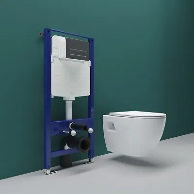 AICA White Wall Hung Toilet Pan With Cistern Frame Soft Close Seat WC Set • £129.97