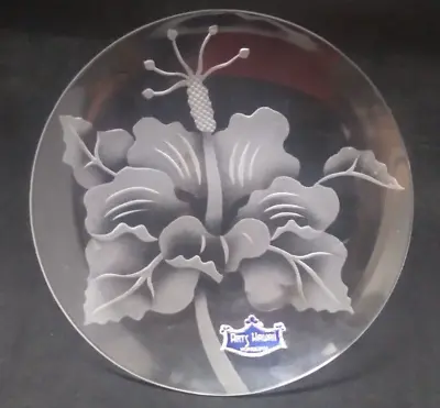 Vintage Hawaiian Flower Floral Etched Glass Plate - Arts Hawaii Honolulu Hawaii • $15.99