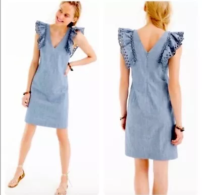 J Crew Chambray Eyelet Ruffle Sleeve Knee Length Dress Size 6 • $16.50