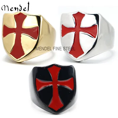 MENDEL Mens Gold Plated Christian Knights Templar Cross Shield Ring Size 7-15 • $12.99