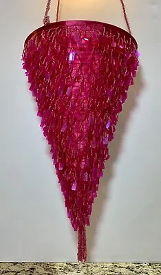 $125.30 • Buy Pottery Barn Hot Pink Ribbon Beaded Hanging Pendant Light Lantern Shade RETIRED