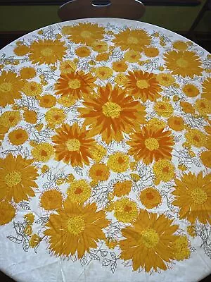 Vintage Vera Neumann 58”Round Tablecloth Yellow Orange White Floral🌼 • $38.99