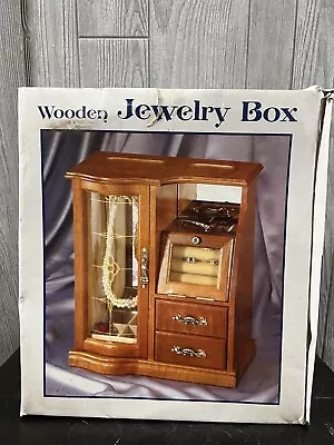 Vintage Wooden Jewelry Box 2 Drawer W/ Side Door Necklace Hanger W/ Mirror 90s • $41.99