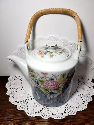 Laudel  Floral Oriental Porcelain Teapot W/strainer Bamboo Handle 9 1/4  TALL • $14.50