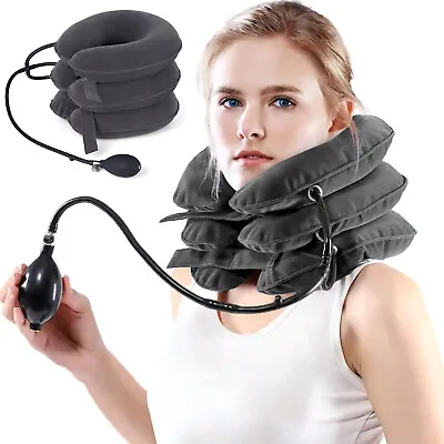 Air Inflatable Pump Neck Pillow Traction Support Device Pain Relief Collar Brace • £10.95