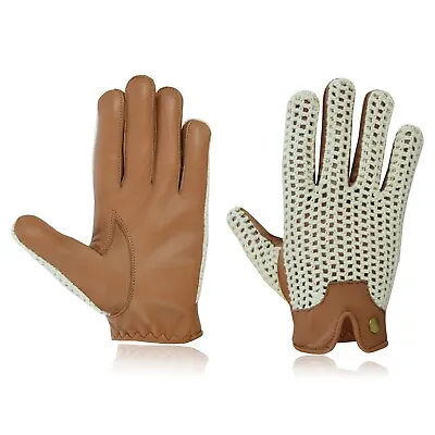 Men's Driving Gloves Goatskin Leather Chauffeur Dress Classic Vintage Cotton TAN • £9.99