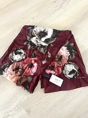 ELLEN TRACY Designer Merlot Flowers Silk Scarf  With Signed Name 100%silk NWT • $20