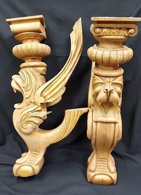 Pair Of Antique Hand Carved Oak Griffin Designed Furniture Accessories #GA15 • $550