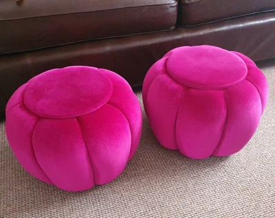 £49 • Buy PAIR Of FUNKY HOT PINK VELVET COVERED PADDED TO WOOD FRAME POUFFE FOOT STOOL