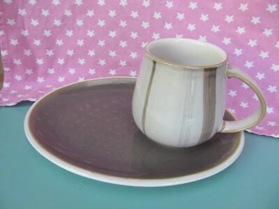 Denby Oyster Mocha Stripes Mug & Snack Plate Combo VGC Rare Set Full Size • £28