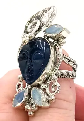 Handmade MOON GODDESS Carved Agate With Moonstones 925 Sterling Silver Ring 6.5 • $45