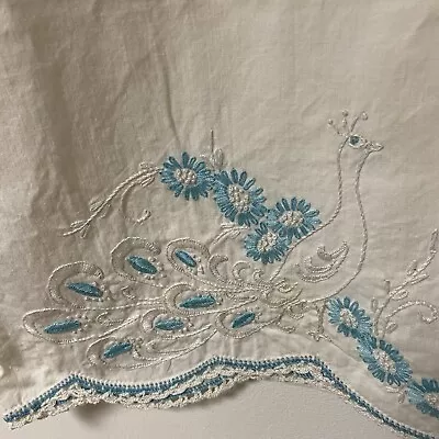 Vintage Embroidered Pillowcases White/Blue Peacock Cotton Set Of 2 • $25