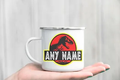 Personalised Jurassic Park Logo Enamel Mug Metal Tin Camping Mug Gift Idea • £11.95