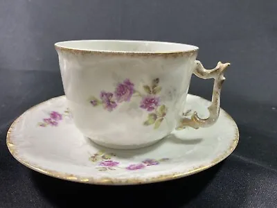 Hand Painted Limoges Mustache Cup And Saucer Unique Handle • $29