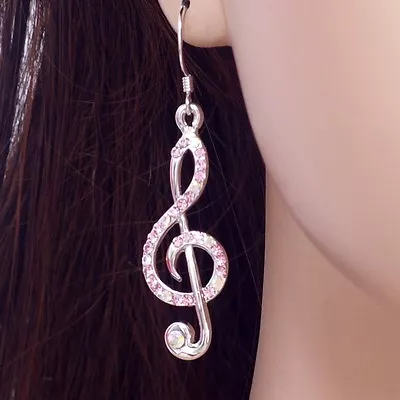 #E520B PIERCED Hook Treble Clef Pink AB Crystal Music Note Earrings 2  Long • $11.09