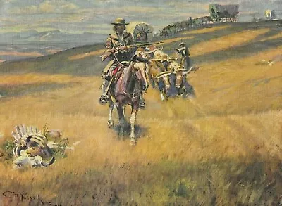 C M Russell Covered Wagons Cow Horse Trail Blazer Sample 9.5 X7.75  Print 1940s • $14.99