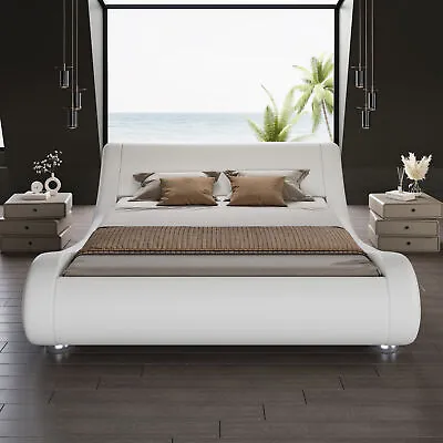 Full Deluxe Low Profile Sleigh Bed With Faux Leather Ergonomics HeadboardWhite • $223.99
