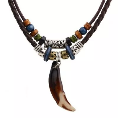 Wolf Tooth Pendant Leather Men's  Accessories Beaded Handmade Weave Necklace • $16.19