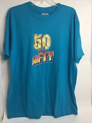 Vintage Hanes 50 & Nifty Print 50/50 Mens XL Short Sleeve Blue T Shirt USA MADE • $28.95