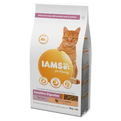 Dry Cat Food IAMS VITALITY Sensitive Digestion Adult 1+ Cat Food Turkey 2kg • £16.50