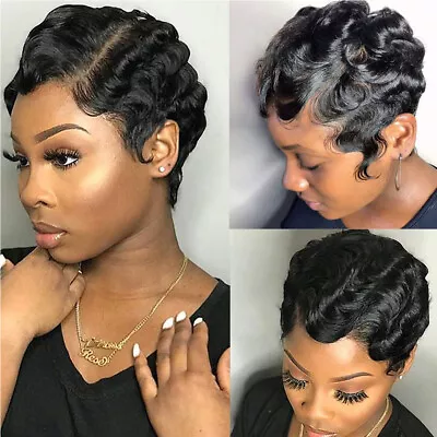 Short Pixie Cut Wigs Human Hair For Black Women Mommy Wig Finger Ocean Wave Wig • $18.99