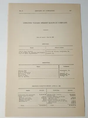 1909 RR Document LEBANON VALLEY STREET RAILWAY Trolley Streetcar Lebanon PA  • £6.71