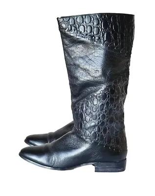 Vintage Black Leather Croc Riding Boots Boho 10 M Tall Western Retro • $75