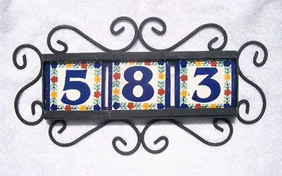 3 Mexican Tiles Talavera House Numbers & Horizontal Iron Frame  • $35