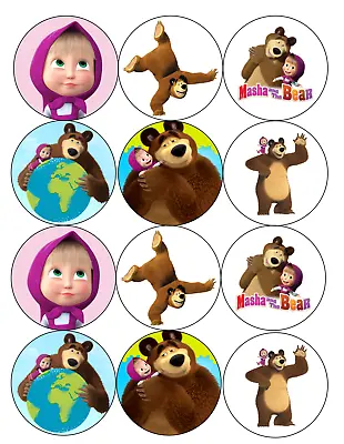 Set Of 12 Masha And The Bear Edible Paper Cupcake Cookie Toppers PRE CUT • $6