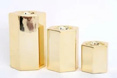 3 Geometric Tea Light Candle Holders Gold Set Of 3 Large Medium Small Gift BOXED • £6.81