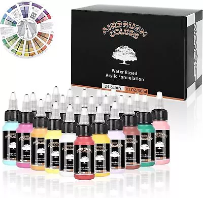 SAGUDIO Airbrush Acrylic Paint 24 X 30ml Basic Colors With Color Wheel Ready To • £28.04