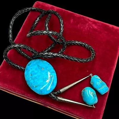 Antique Vintage Native Navajo Sterling Silver Turquoise Bolo Tie Necklace 82.8g • $175