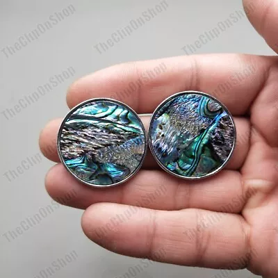 CLIP ON Retro BIG Round ABALONE SHELL EARRINGS Paua SILVER TONE METAL Clips • £5.99