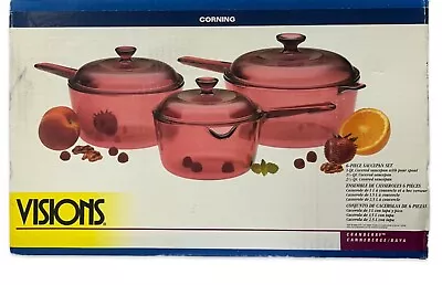 Visions CORNING Cranberry Glass Cookware 6 Pc Saucepan Set 1L 1.5L 2.5L NIB • $199.95